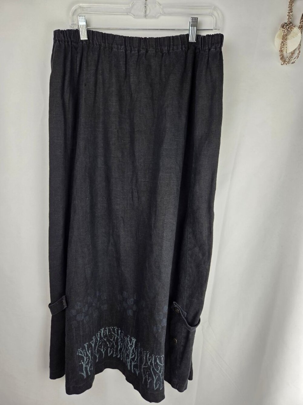 VTG 1996 Blue Fish Linen Maxi Skirt Black Sz 1 Painted Botanical Hem Lagenlook - Picture 13 of 16